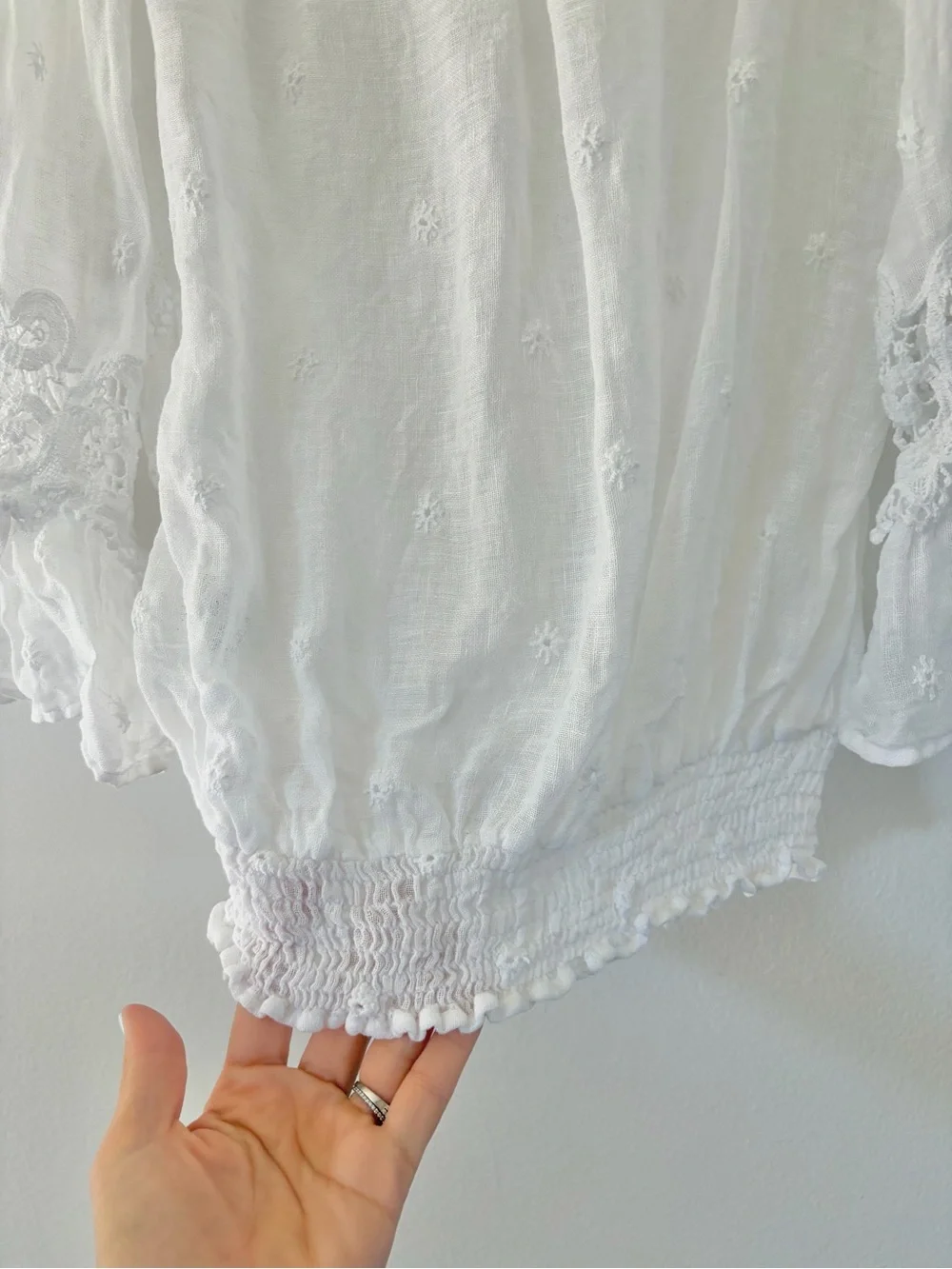 Temptations‎ Positano White Linen Off The Shoulder Crochet Lace Boho Peasant Top
